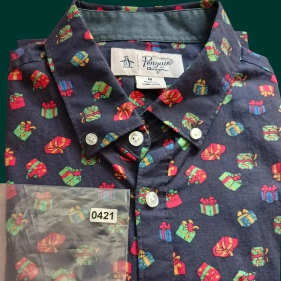 Original Penguin Short Sleeve Button-Up Shirt Gift Print size medium navy blue - Picture 16 of 16